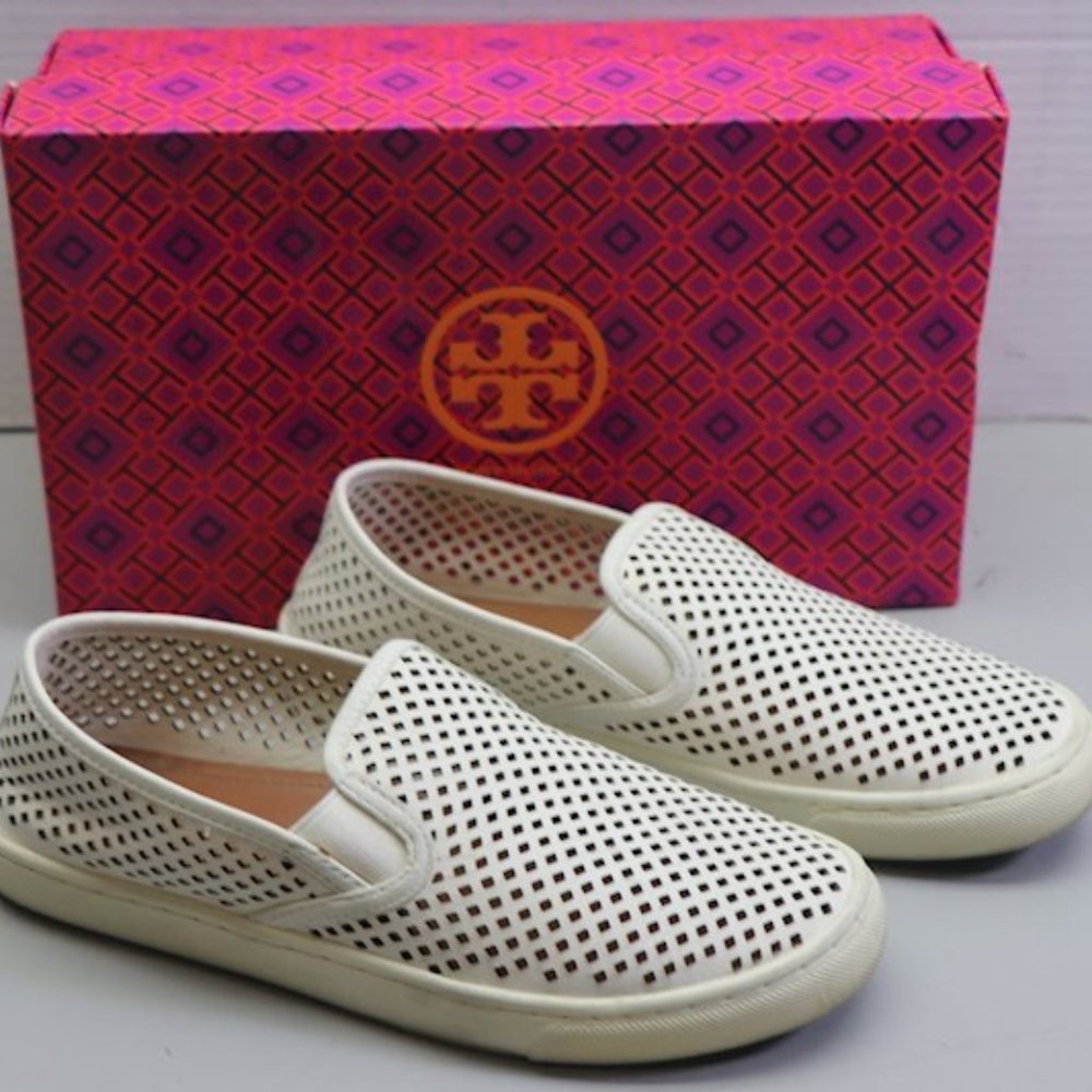 Tory Burch Jesse White Leather Perforated Casual  Slip on Shoes Sneakers 8 - Picture 3 of 9